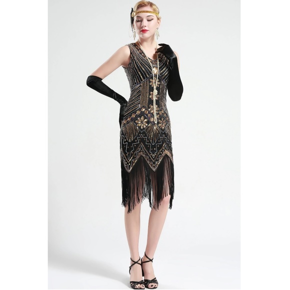 Black and Gold glass beaded Fringe Flapper Dress - Picture 2 of 8